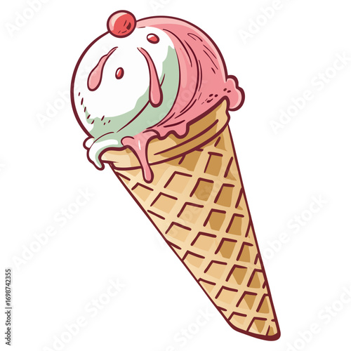 Hand Drawn Ice Cream Cone with Strawberry and Mint Scoop