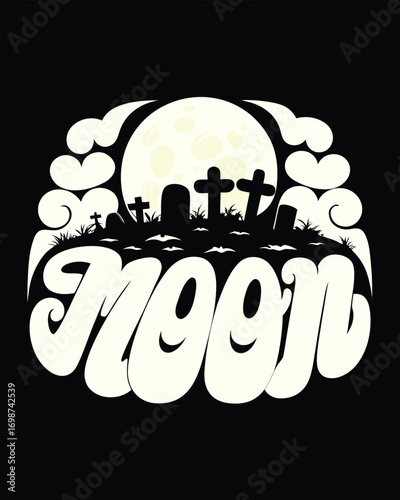 Spooky Moonlight Serenade An Eerie Halloween Graveyard Scene with "Moon" Text