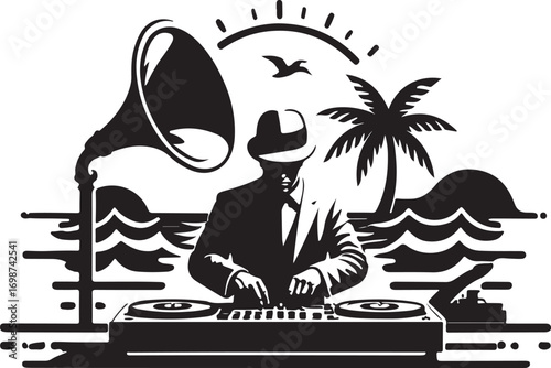 Silhouette of aDJ playing music on a beach with a vintage gramophone and palm trees ocean waves