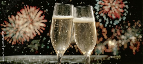 Celebration With Champagne Glasses and Fireworks in the Night Sky.