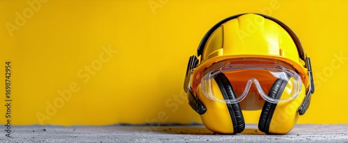 Safety Gear Displayed on a Bright Yellow Background for Protection at Work Si...