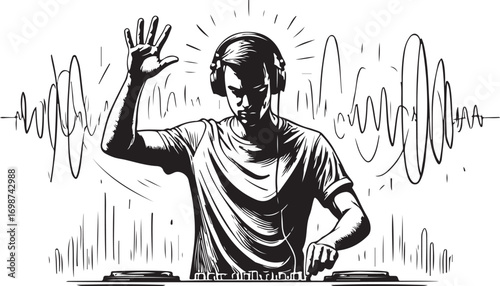 Silhouette of aDJ with headphones and sound waves on a white background Keywords: DJ, silhouette, music, headphones, sound waves, mixing, party, club, entertainment, performance, disc jockey