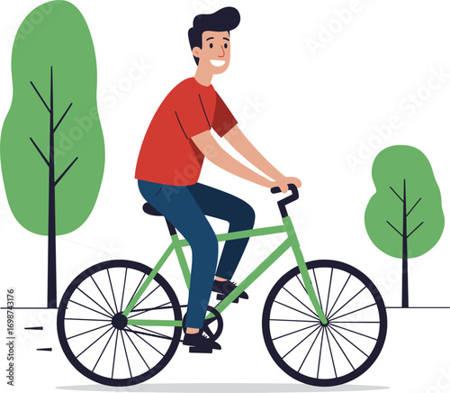 Smiling young man riding bicycle, outdoor cycling activity, healthy lifestyle, eco transport, urban fitness, cartoon character illustration