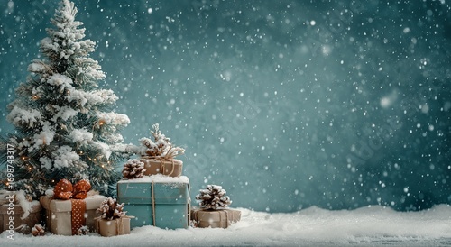 Festive Holiday Decorations With Snow, Christmas Trees, and Gifts in a Cozy W...