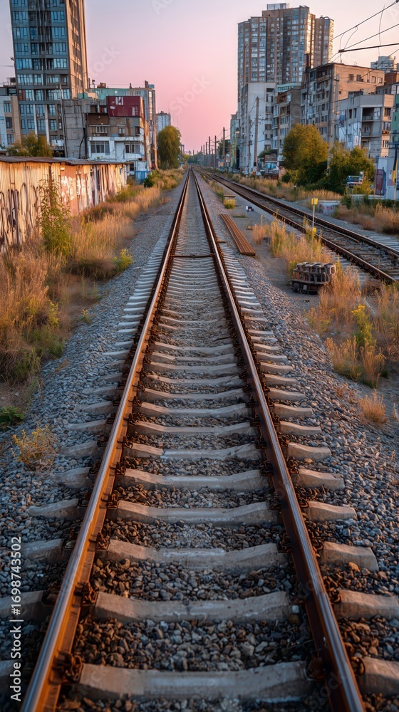 Naklejka premium Railway Tracks Lead to City Skyline at Dusk With Glowing Lights.