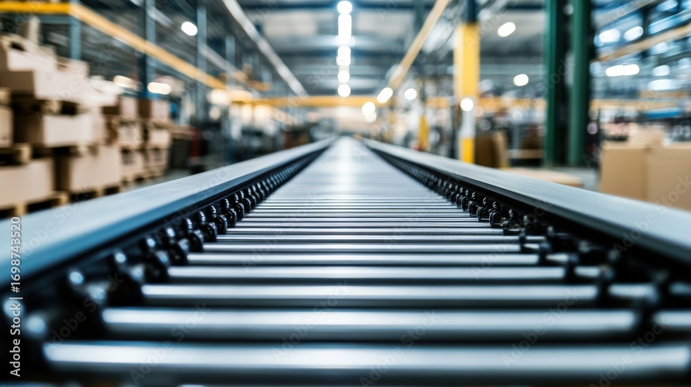 Fototapeta premium Close-up view of a conveyor belt system in a warehouse.