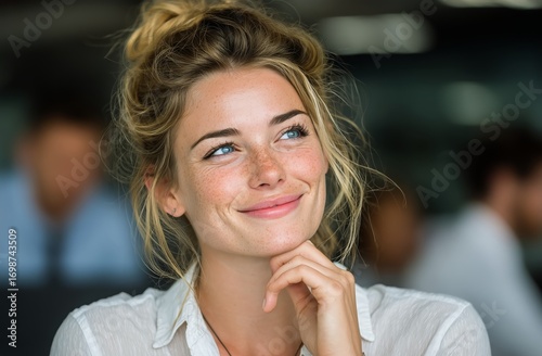 Bright Smile From a Young Woman in a Modern Office Setting During a Busy Workday