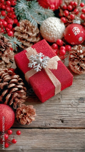Holiday Gift Arrangement With Red Present and Natural Decorations on Wooden T...