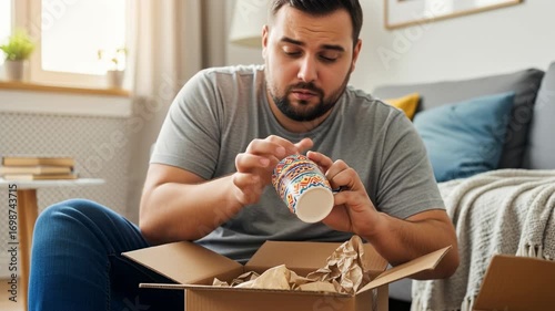 Oversize man unpacking new porcelain tableware parcel at home