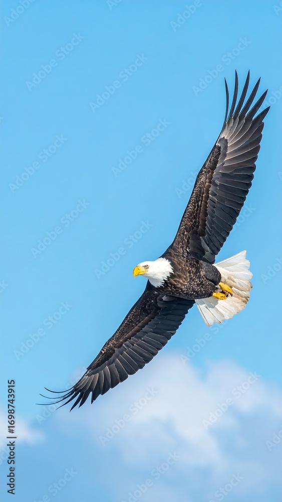 Naklejka premium Majestic bald eagle soaring against a vibrant blue sky