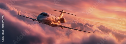 Private Jet Soaring Through Colorful Sunset Skies Over Fluffy Clouds