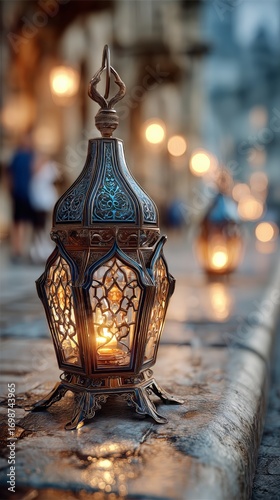 Beautiful Ornate Lantern Hanging in a Vibrant Market at Dusk.