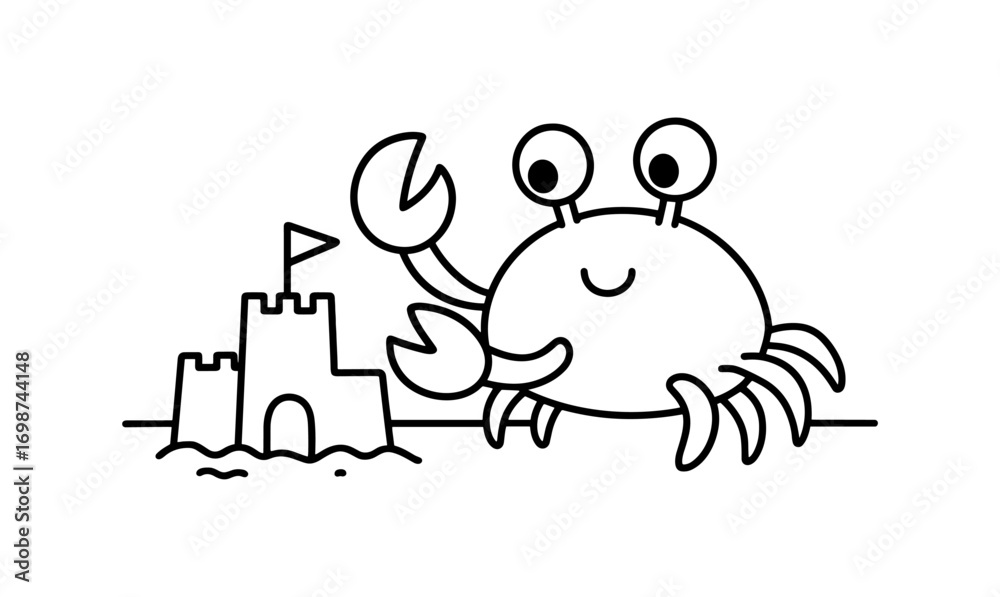 Fototapeta premium Playful crab with sandcastle on beach in outline style for children's coloring books