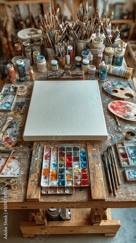 Creative Workspace Filled With Art Supplies and a Blank Canvas in a Bright St...