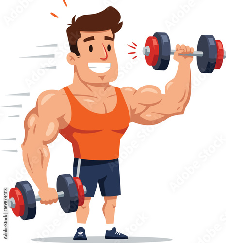 Strong cartoon man lifting dumbbells in gym, muscular fitness athlete character doing weight training workout, vector illustration design