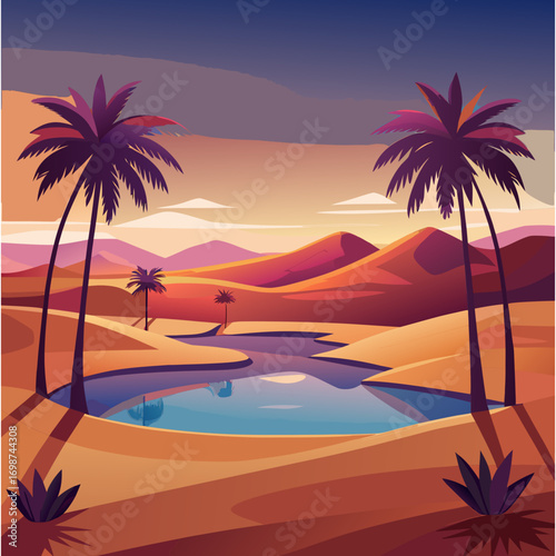 Vector illustration of a desert oasis with palm trees and a reflecting pool
