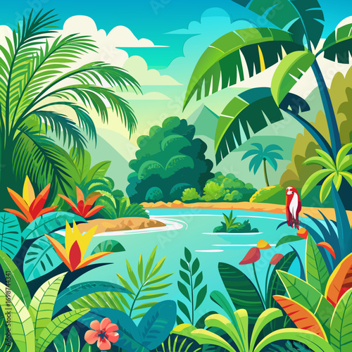Vibrant tropical jungle edge with palm trees and lush broad leaves