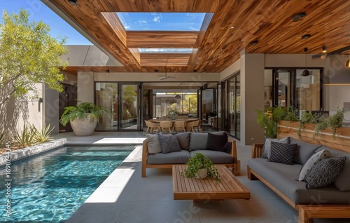 Contemporary Outdoor Living Space Features Pool and Elegant Seating Arrangeme...