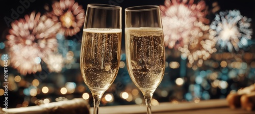 Celebration With Champagne Glasses and Fireworks in the Night Sky