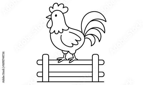 Simple outline rooster on fence for children's coloring activities