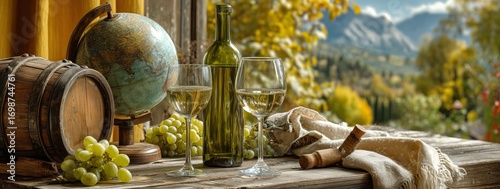 Beautiful Autumn Setting With Wine Glasses and Grapes Near a Globe and Mounta...