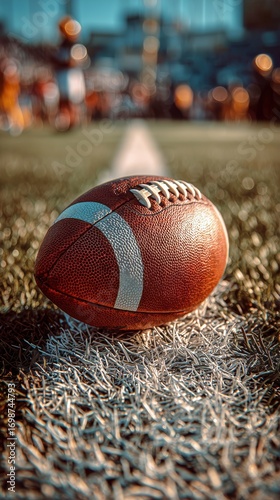 Football Resting on the Field During a Late Afternoon Game in a Bustling Stad...