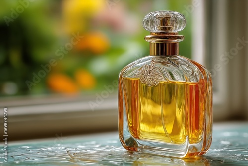 Elegant Perfume Bottle Resting on a Table With Soft Sunlight Illuminating the...
