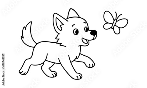 Playful puppy and butterfly in black and white line art design