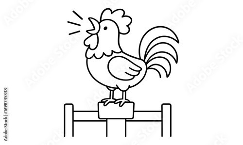 Charming rooster crowing on fence in simple outline art for farm-themed decor
