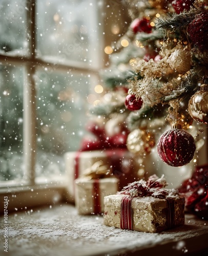 Christmas Gifts Beautifully Arranged Under a Decorated Tree by a Snowy Window...
