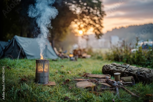 Cozy Outdoor Grill With Flames Dancing in the Twilight at a Lakeside Campsite.