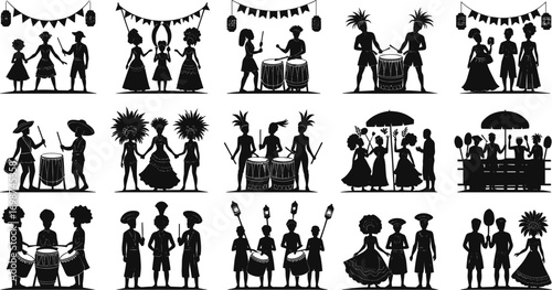 Silhouettes of people celebrating cultural festival, traditional costumes, dancing, drumming, lantern decorations, festive mood, joyful event, community gathering, lively performance.