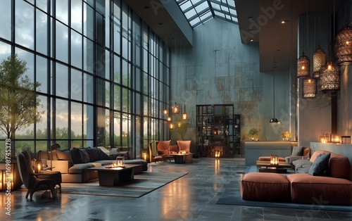 Modern Lounge With Large Windows and Cozy Seating in a Serene Setting During ...