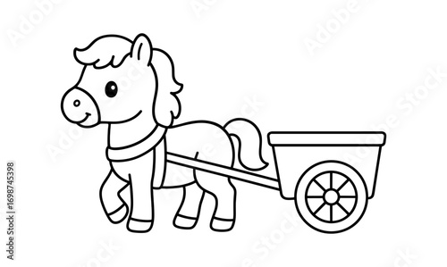 Adorable pony pulling cart coloring page for kids and animal lovers