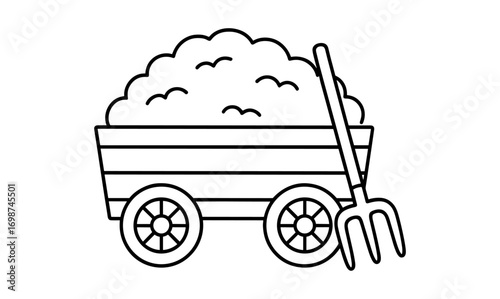 Farm cart with hay and pitchfork outline on white background