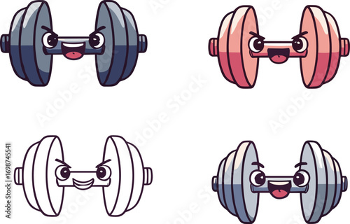 Cartoon dumbbells with angry cute faces, funny vector gym weights, workout training equipment character design for fitness, sports, and healthy lifestyle