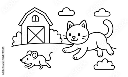 Cute cat and mouse in farmyard scene with barn and clouds - playful kids coloring page
