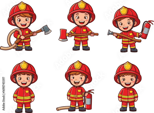 Cartoon firefighter boys in red uniforms with hose, axe, and extinguisher, emergency response kids for safety, fire rescue, education, and training concepts