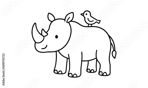 Cute cartoon rhino with bird on its back in minimalist style