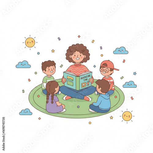 A teacher is sitting on a mat reading a book called "Adventure Time" to four happy children who are sitting around her.