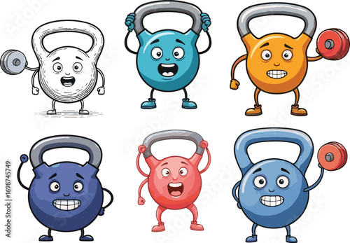 Cartoon kettlebell characters lifting weights, colorful fitness icons, gym equipment vector set, cute muscular design, strength workout concept illustration