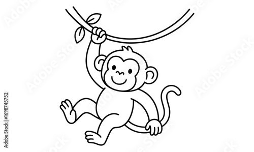 Cute monkey swinging from branch in simple line art for kids' coloring pages
