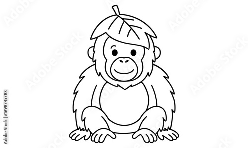 Cute cartoon monkey sitting with leaf hat in black and white outline for coloring pages