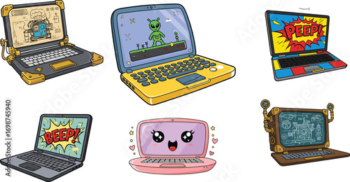 Cartoon laptops with cute screens, steampunk and retro styles, kawaii faces, comic pop text, alien games, kids design, colorful vector set