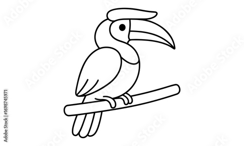 Simple outline of a toucan perched on branch for coloring book designs