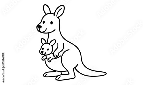 Playful kangaroo with joey in simple black and white outline style
