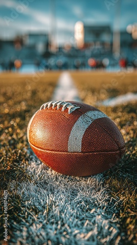 Football Resting on the Field During a Late Afternoon Game in a Bustling Stad...