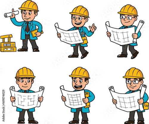 Cartoon male architect engineers wearing yellow helmets, holding blueprints and tools, showing different emotions and gestures for construction and building projects