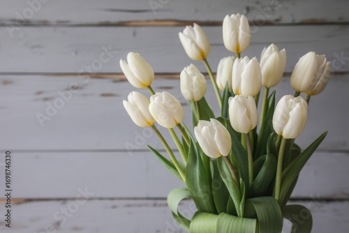 Tulip Botanical Poster – White Spring Flowers with Green Leaves on Wooden Background, Elegant Rustic Wall Art, Nature Floral Digital Print for Home Decor