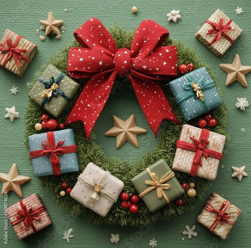 Festive Christmas Wreath Decorated With Red Bow and Ornaments on Green Backgr...